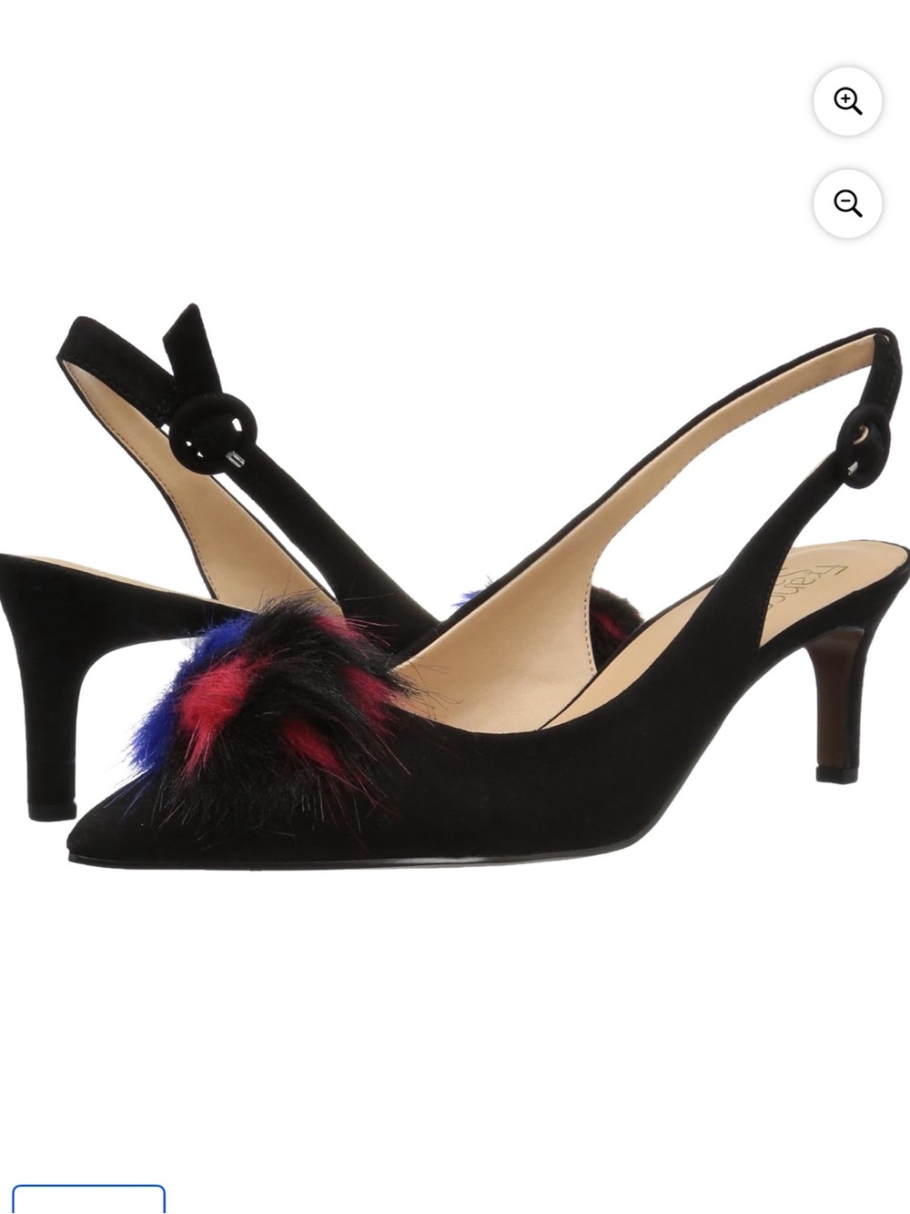 Franco Sarto‎ Black Slingback Pointed Kitten Heels with Red & Blue Fur Size 7.5